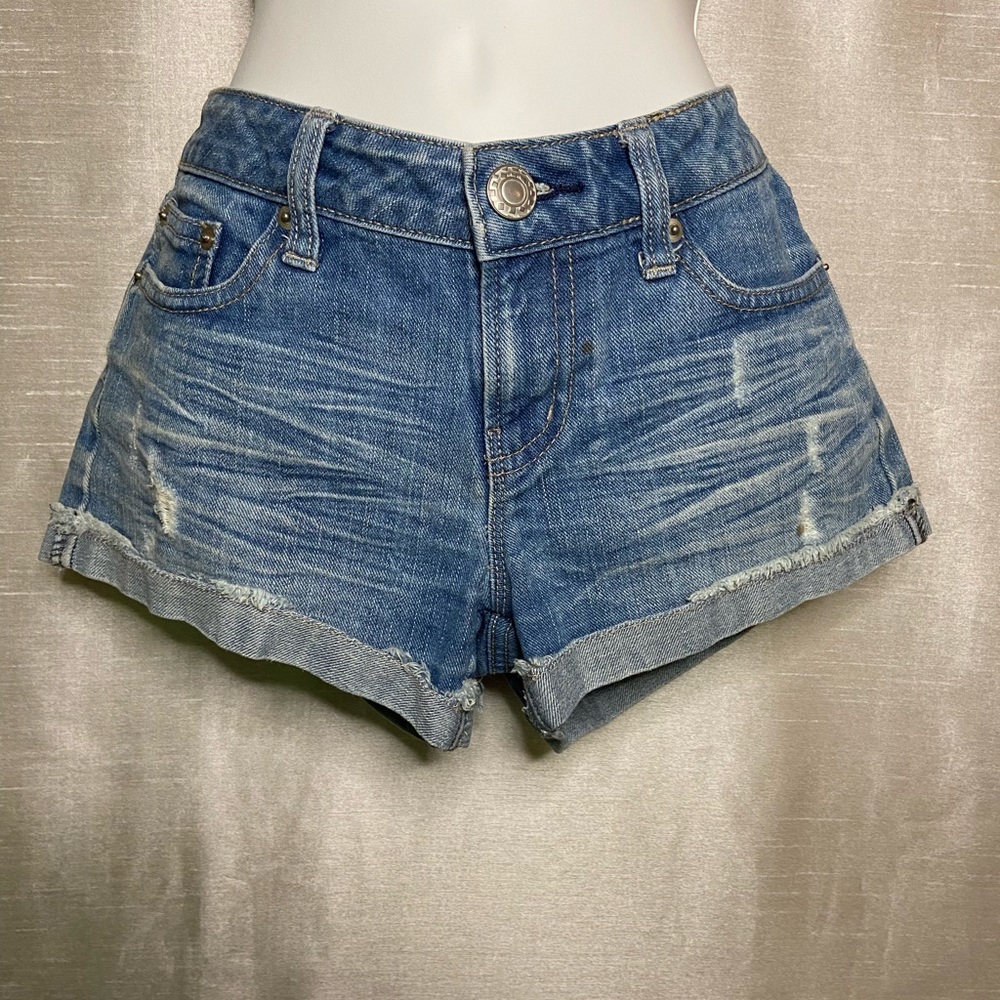 So Juniors Womens Blue Jean Cuffed Shorts Low Rise Distressed Denim 5